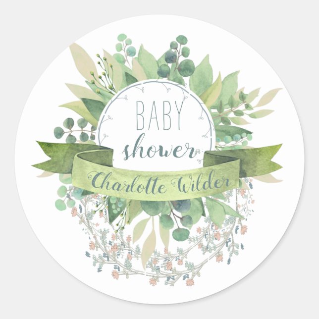 Sticker Rond Joli Eucalyptus Floral Vines Baby shower Classi (Devant)