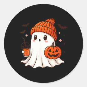 Sticker Rond Joli fantôme avec bonnet tenant un café à la citro