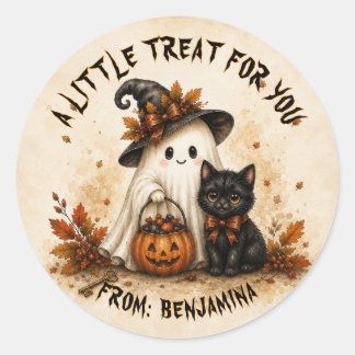 Sticker Rond Joli fantôme chat noir friandise Halloween