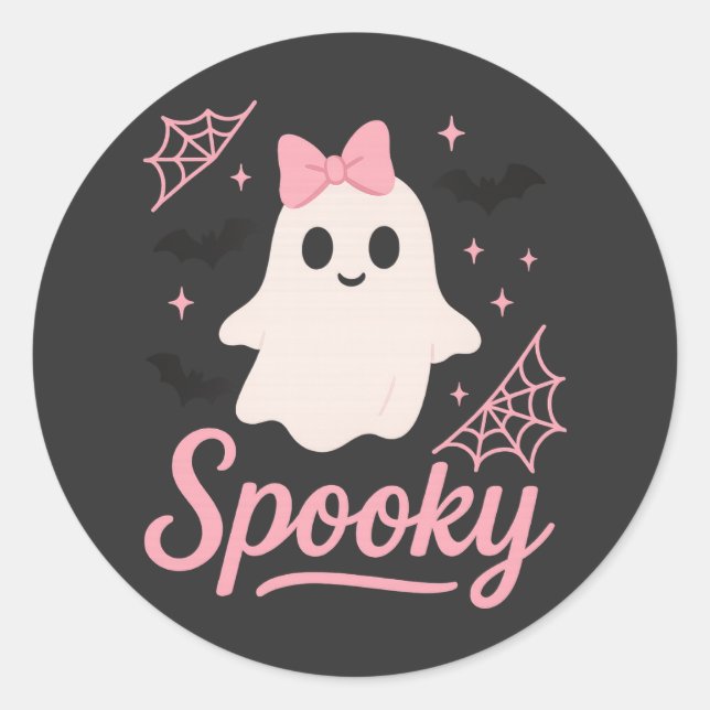 Sticker Rond Joli Fantôme Éffrayant avec Bow rose Kawaii Hallow (Devant)