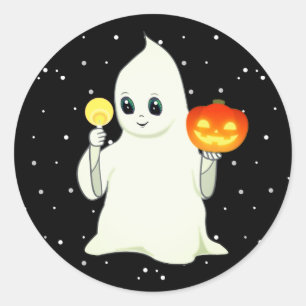Sticker Rond Joli fantôme et citrouille d'Halloween sur Ro clas