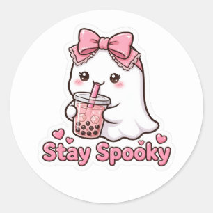 Sticker Rond Joli Fantôme Rose Citrouille Nœud