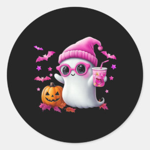 Sticker Rond Joli fantôme rose Halloween - Drôle de fantôme rét