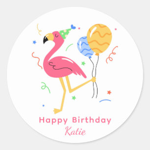 Sticker Rond Joli Flamant Moderne Joyeux Anniversaire Script