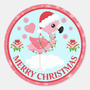 Sticker Rond Joli Flamant Rose de Noël Rose et Rouge Hiver