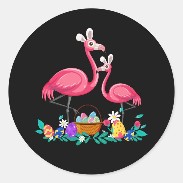 Sticker Rond Joli Flamant rose de Pâques avec Panier de Pâques  (Devant)