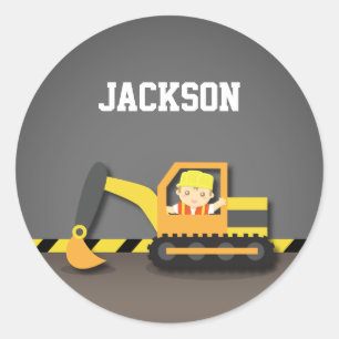 Sticker Rond Joli Garçon Constructeur Excavatrice Orange Mignon