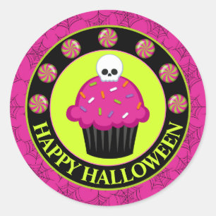 Sticker Rond Joli gâteau cupcake d'Halloween rose et vert en fo