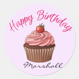 Sticker Rond Joli gâteau rose à la fraise Bon Anniversaire Rond