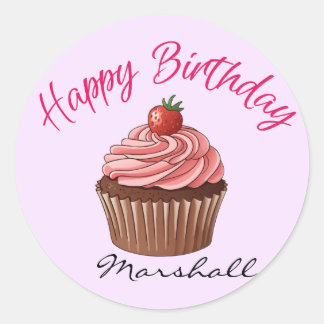 Sticker Rond Joli gâteau rose à la fraise Bon Anniversaire Rond
