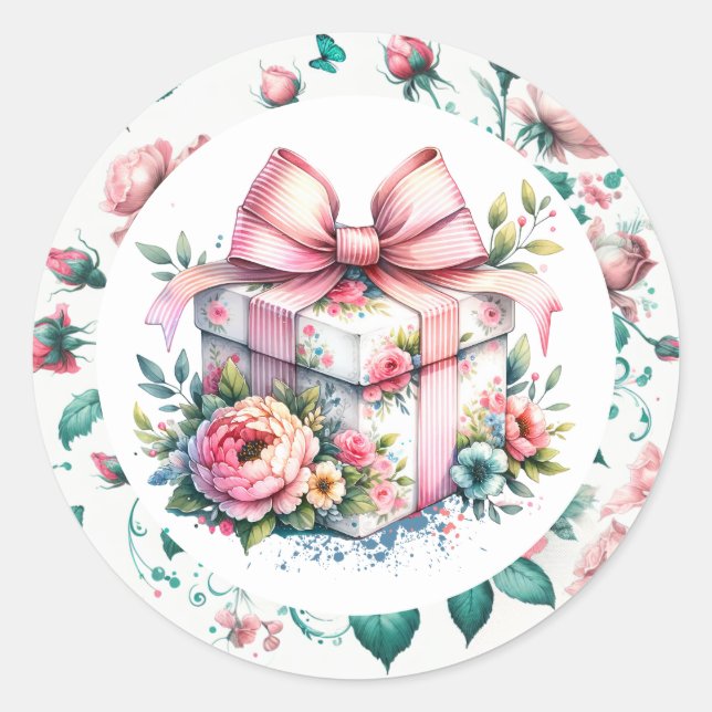 Sticker Rond Joli gâteau rose Shabby Chic Floral Anniversaire (Devant)