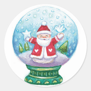 Sticker Rond Joli globe de neige de Noël avec le Père Noël, l'é