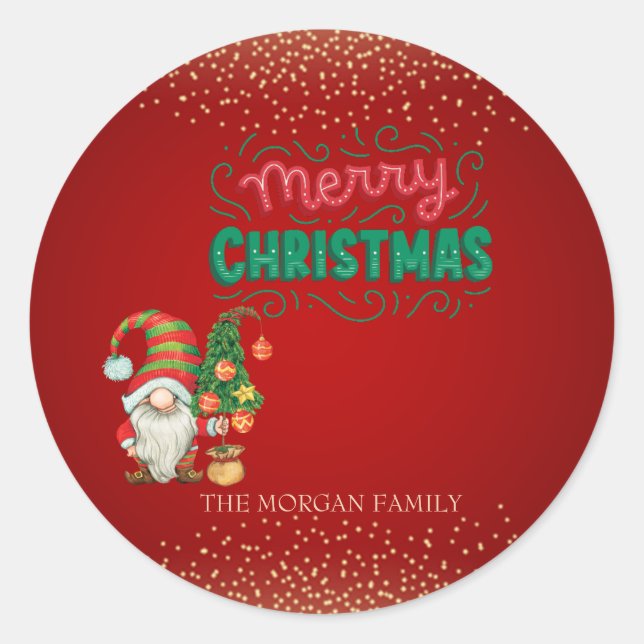 Sticker Rond Joli Gnome Sapin Confettis Rouge Joyeux Noël  (Devant)