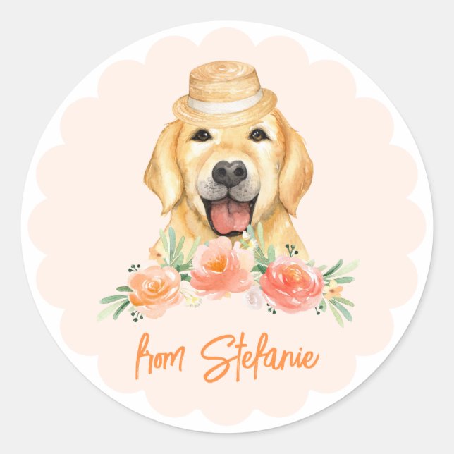 Sticker Rond Joli Golden Retriever et Fleurs de Pêche Anniversa (Devant)