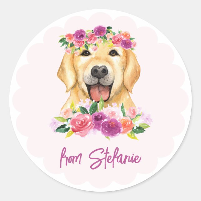 Sticker Rond Joli Golden Retriever et Fleurs pourpres Anniversa (Devant)