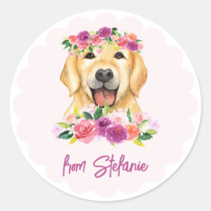 Sticker Rond Joli Golden Retriever et Fleurs pourpres Anniversa
