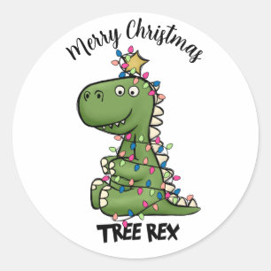 Sticker Rond Joli Green Tree Rex Dino Lumières Joyeux Noël