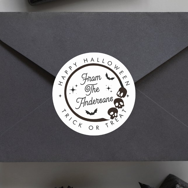 Sticker Rond Joli Halloween Trick ou Traiter Skeletons Bats (Créateur téléchargé)