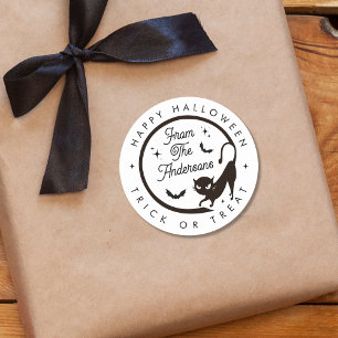 Sticker Rond Joli Halloween Trick ou Treat Black Cat Bats