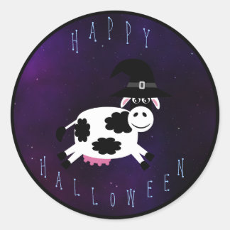 Sticker Rond Joli Halloween Vache avec sorcières Casquette