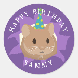 Sticker Rond Joli hamster d'anniversaire regardant à travers un