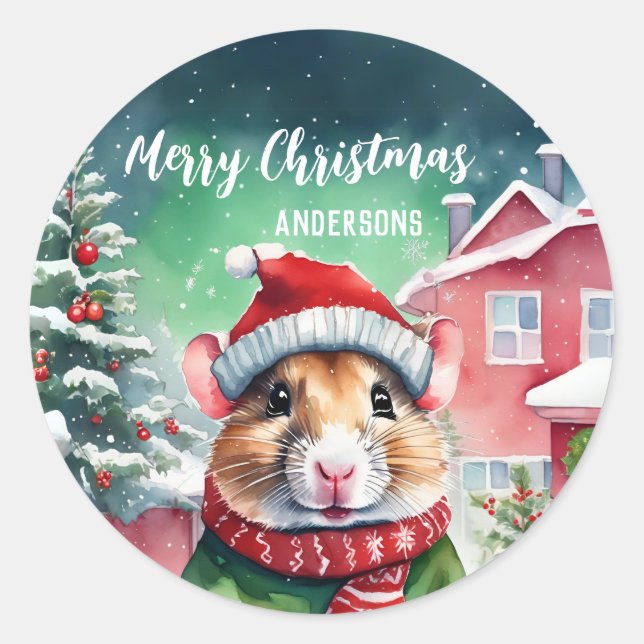 Sticker Rond Joli Hamster rat Noël fête de neige d'anniversaire (Devant)