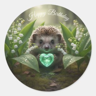 Sticker Rond Joli hérisson de mai avec cœur d'émeraude