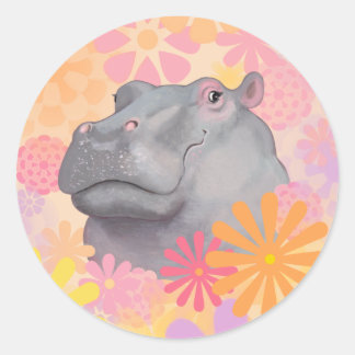 Sticker Rond Joli Hippo Aux Fleurs