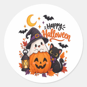 Sticker Rond Joli Joyeux Halloween Fantôme Citrouille Chat Noir