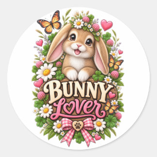 Sticker Rond Joli Lapin Amoureux Cottage Floral Jardin Lapin