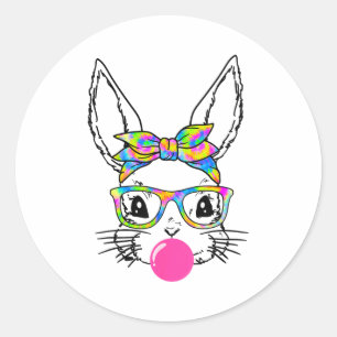 Sticker Rond Joli Lapin Avec Bandana Tie Dye Lunettes Bubble Gu