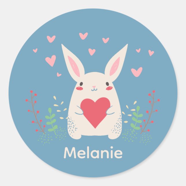 Sticker Rond Joli Lapin Blanc Avec Coeur Personnalisé (Devant)