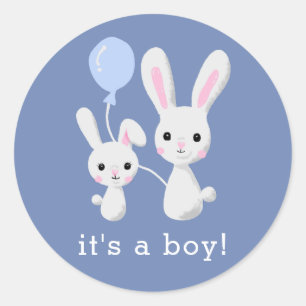 Sticker Rond Joli lapin C'est un Baby shower bleu garçon
