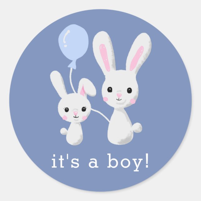 Sticker Rond Joli lapin C'est un Baby shower bleu garçon (Devant)