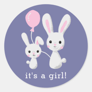 Sticker Rond Joli lapin C'est une fille Baby shower rose