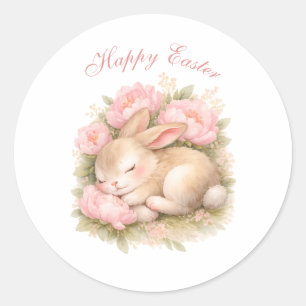 Sticker Rond Joli lapin de Pâques aux pivoines rose pâle