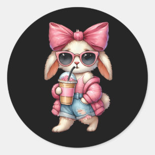 Sticker Rond Joli lapin de Pâques Boire du café de glace Bow de