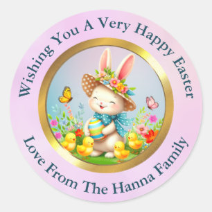 Sticker Rond Joli lapin de Pâques et joyeuses fleurs de printem