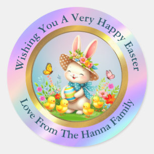 Sticker Rond Joli lapin de Pâques et joyeuses fleurs de printem