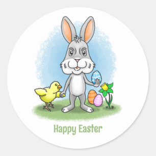 Sticker Rond Joli lapin de Pâques et le poulet jaune