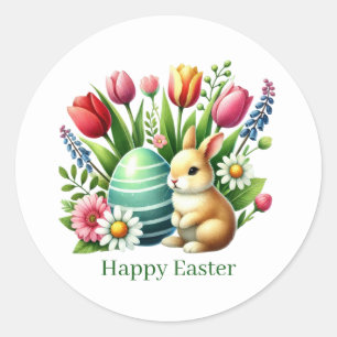 Sticker Rond Joli lapin de Pâques heureux 