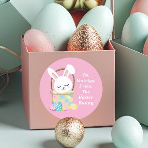 Sticker Rond Joli lapin de Pâques rose personnalisé cadeau pour