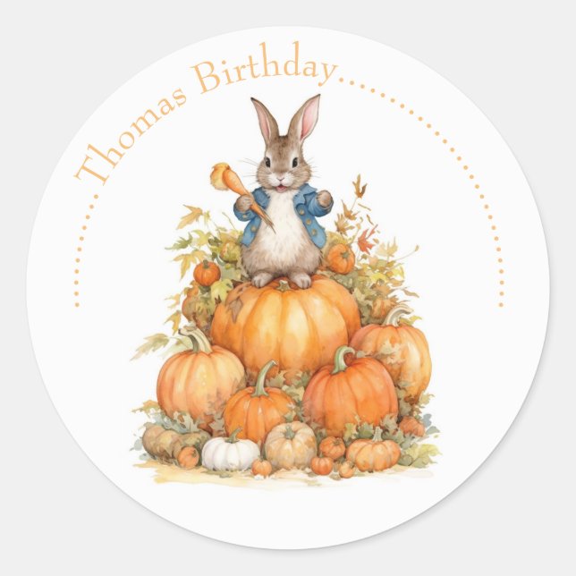 Sticker Rond Joli lapin et citrouille automne Anniversaire (Devant)