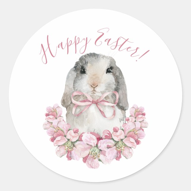 Sticker Rond Joli lapin floral rose écriture joyeuse Pâques  (Devant)