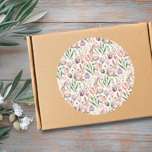 Sticker Rond Joli Lapin Gris avec des Tulipes Colorées