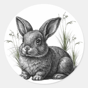 Sticker Rond Joli lapin gris parmi les herbes