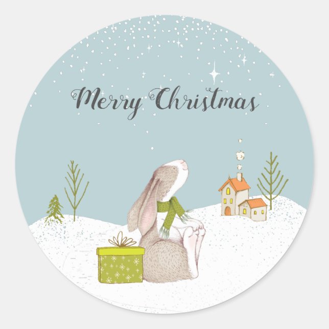 Sticker Rond Joli Lapin Joyeux Noël (Devant)
