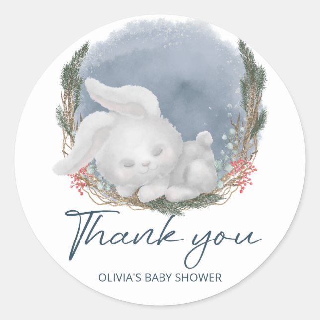 Sticker Rond Joli lapin neige Baby shower d'hiver Merci (Devant)