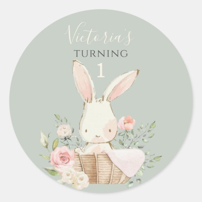 Sticker Rond Joli Lapin Rose 1 Un Anniversaire Vert (Devant)