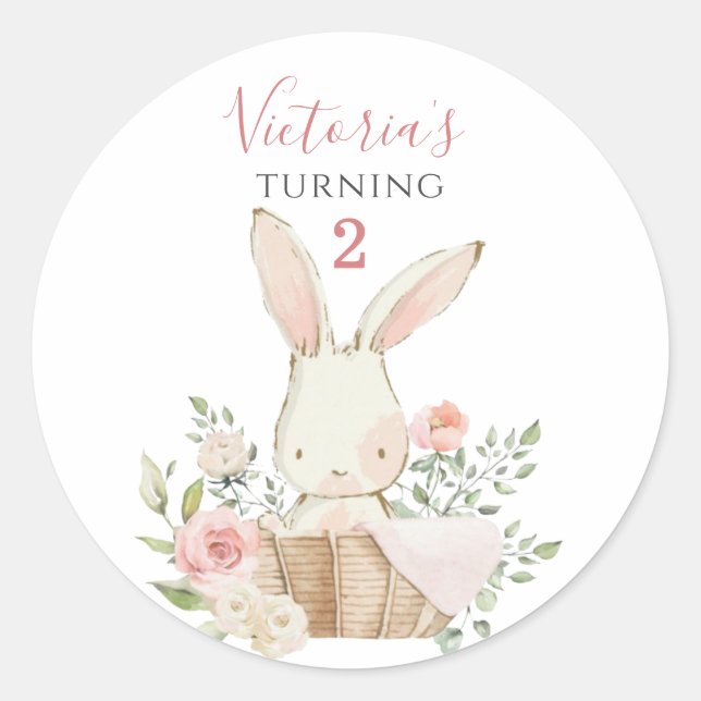 Sticker Rond Joli Lapin Rose 2 Deux Anniversaire (Devant)